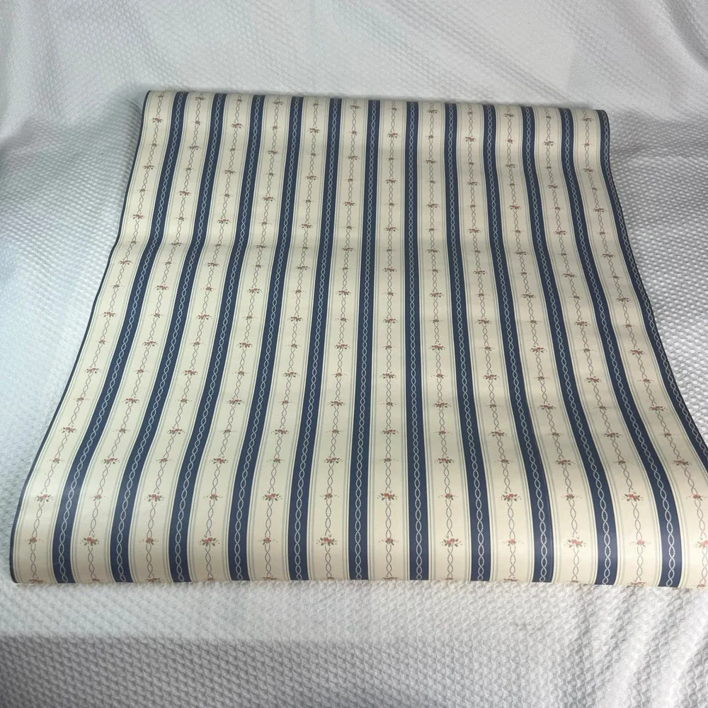 Vintage Floral Striped Wallpaper Roll Navy Blue Cream Cottagecore 20.5 Inch